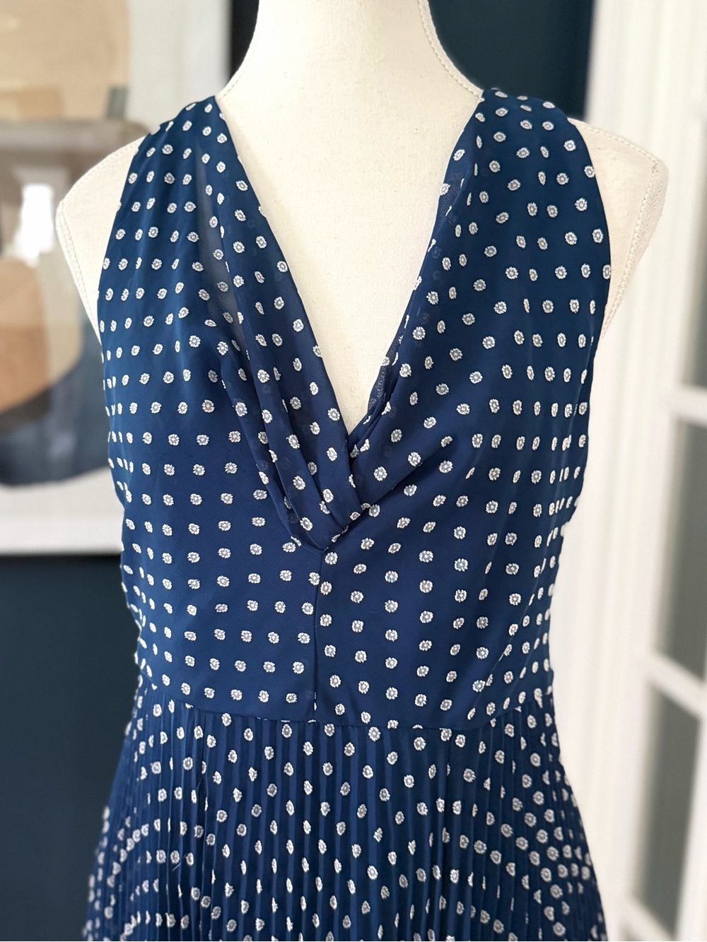 Anthropologie x Eva Franco Pleated Chiffon Fit & Flare Midi Dress, Navy | Size 4 - Picture 6 of 13